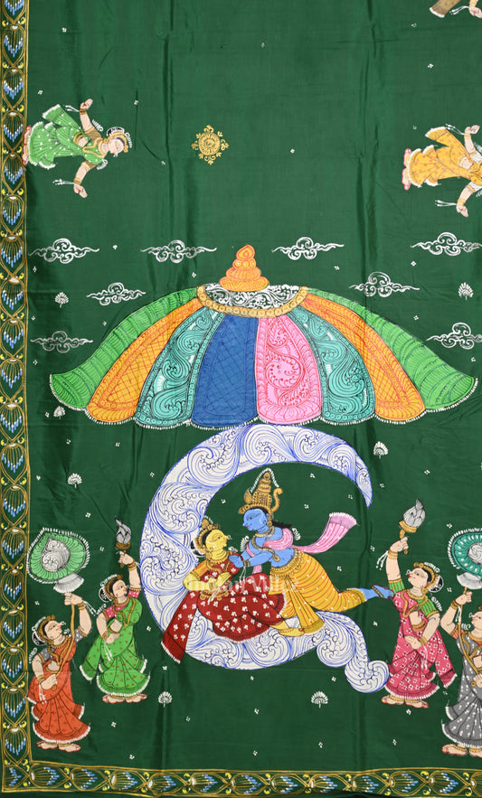 Green Ardha Chandra Hand-Painted Pattachitra Saree