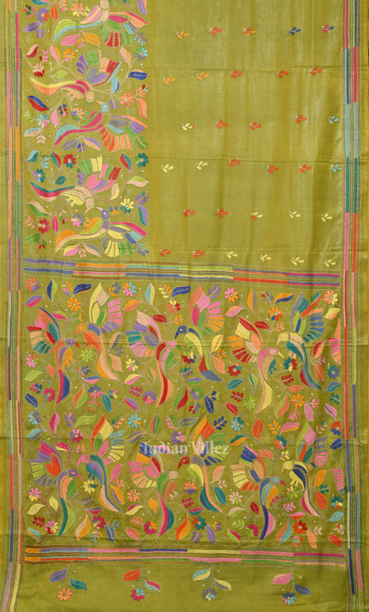 Mehendi Green  Handwoven Kantha Stitch Silk Saree
