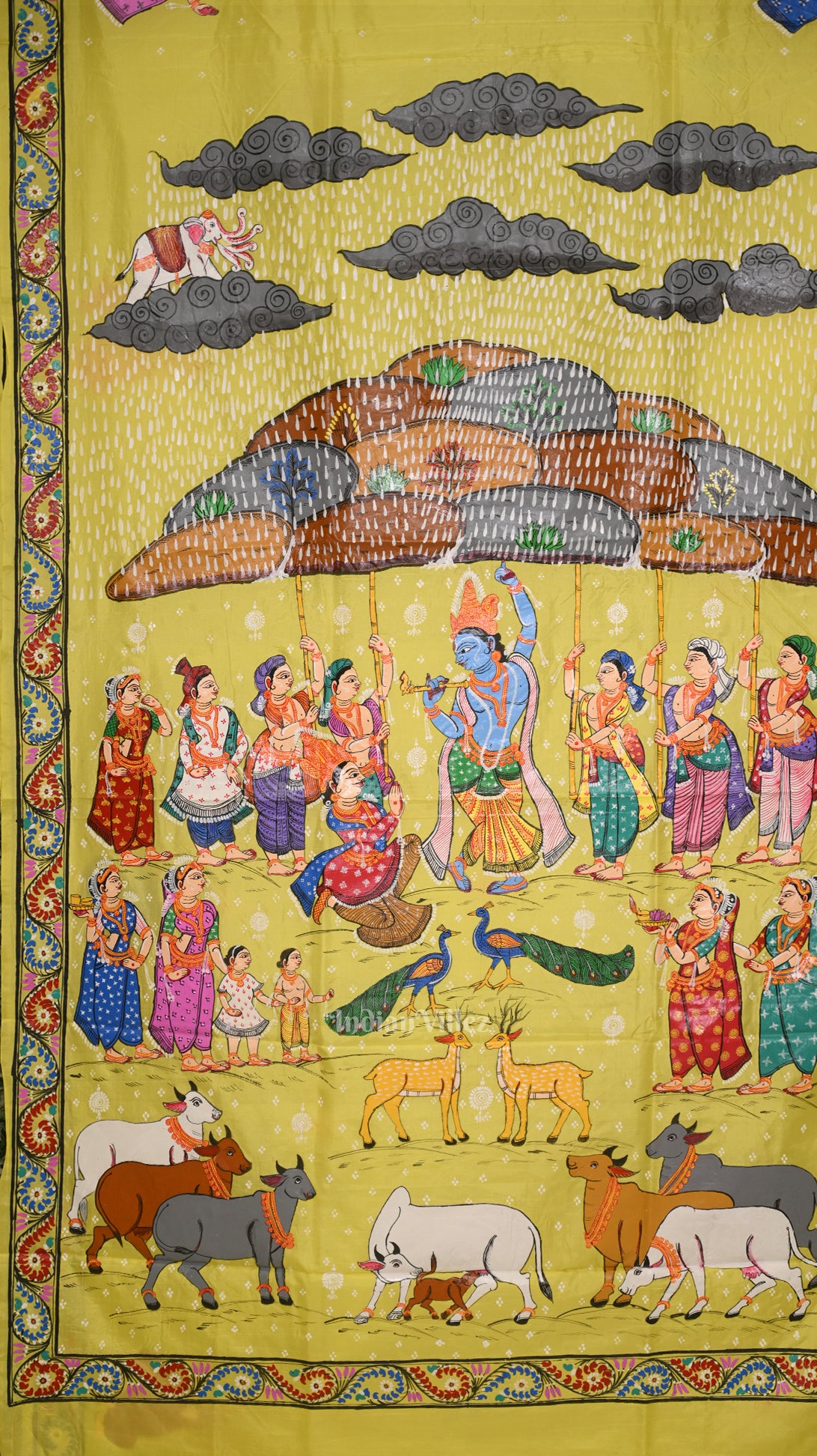Yellow Giri Govardhan Hand-Painted Pattachitra Saree 