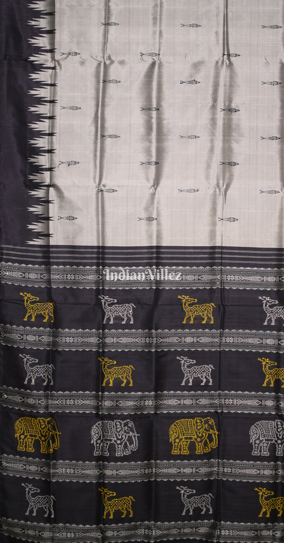 Grey Black Fish Motif Double Pallu Berhampuri Silk Saree 