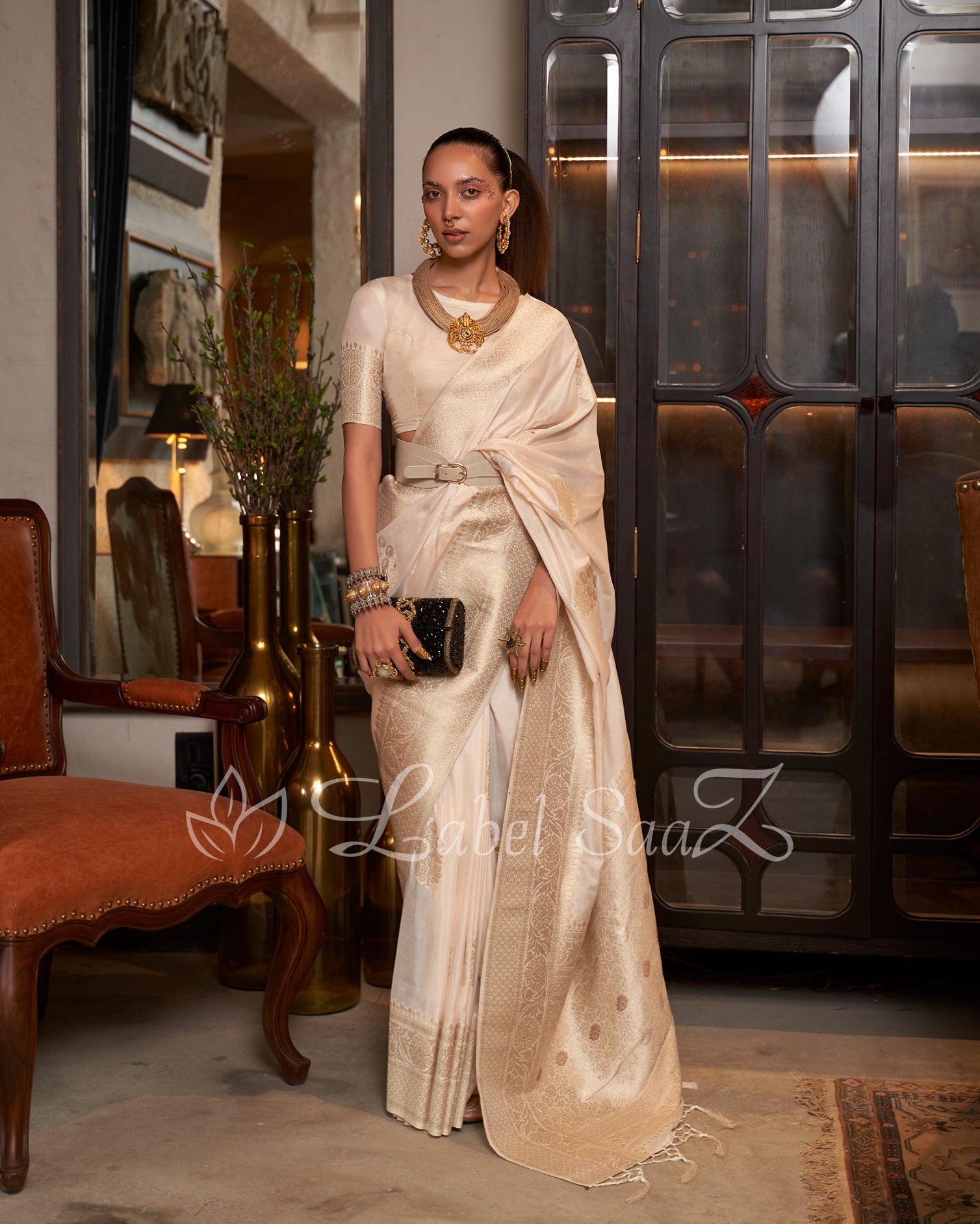 White Pure Khaddi Gergette Baarasi with Nylon Weaving Saree