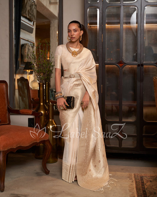 White Pure Khaddi Gergette Baarasi with Nylon Weaving Saree