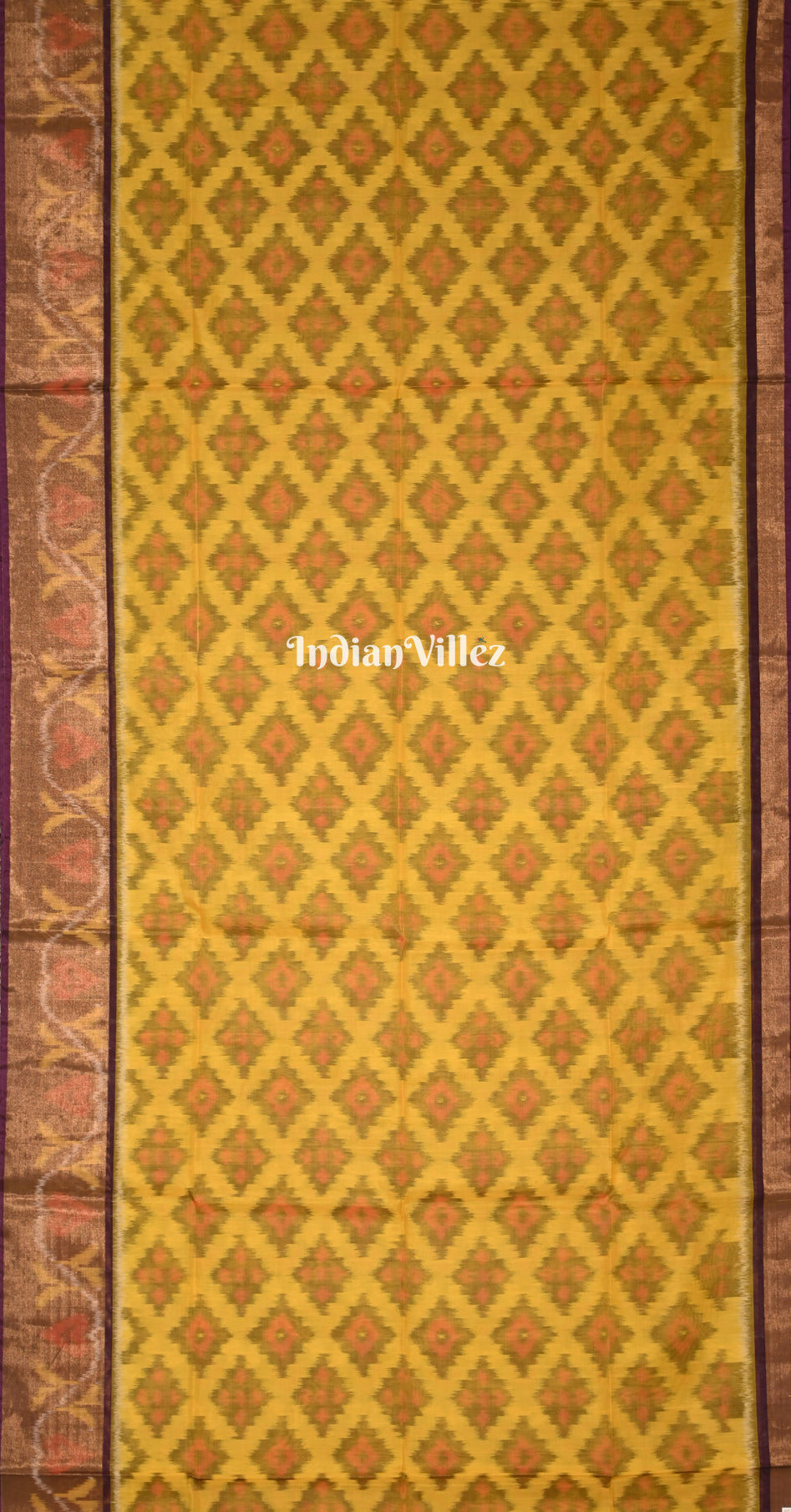 Mustard Yellow Purple Pochampally Ikat Silk Cotton (Sico) Saree 