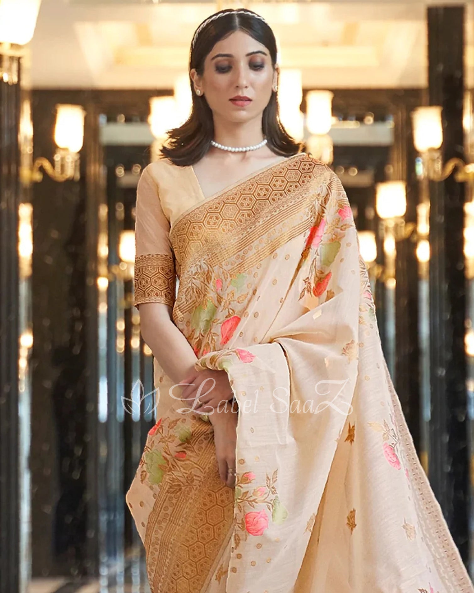 Beige Floral Handwoven Linen Saree
