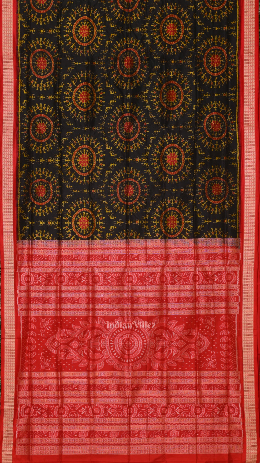 Deep Black Red Tribal Theme Sambalpuri Silk saree 
