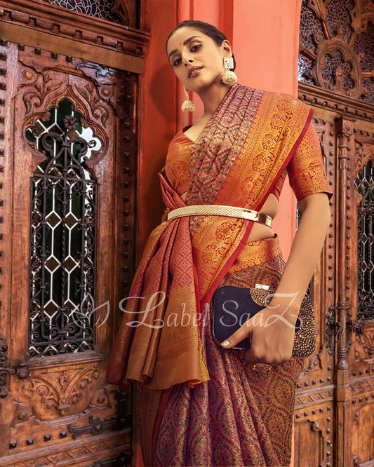 Maroon And Purple Multicolor Banarasi Handloom Rich Zari Weaving Silk Saree