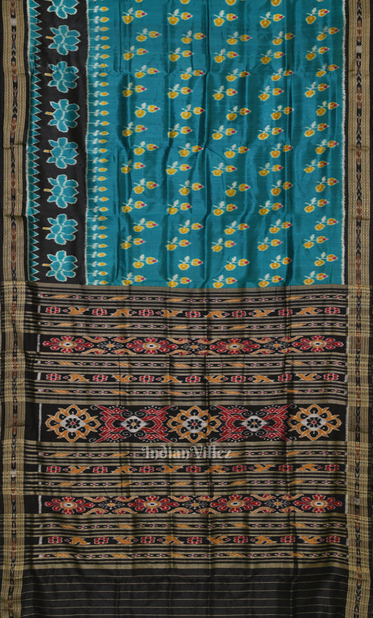 Sea Green Black Lotus Kadha Motif Odisha Ikat Khandua Silk Saree 