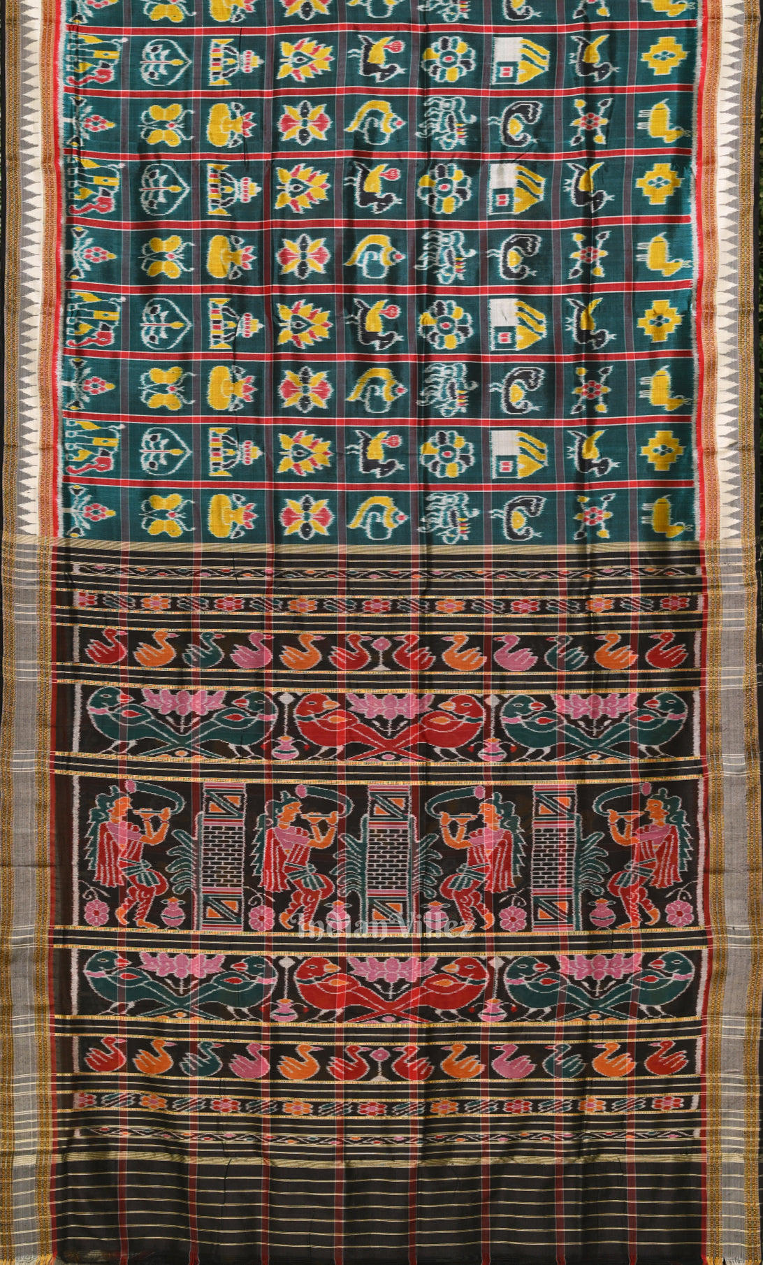 Teal Blue Black Nabakothi Odisha Ikat Khandua Silk Saree