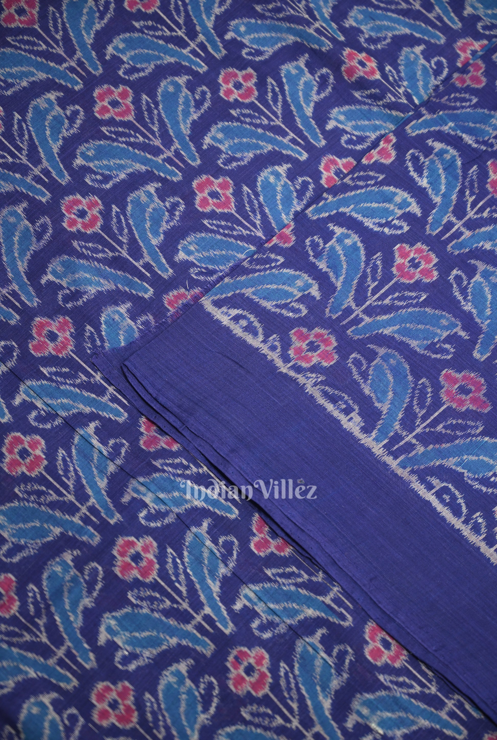 Blue Flower Motif Sambalpuri Ikat Cotton Fabric