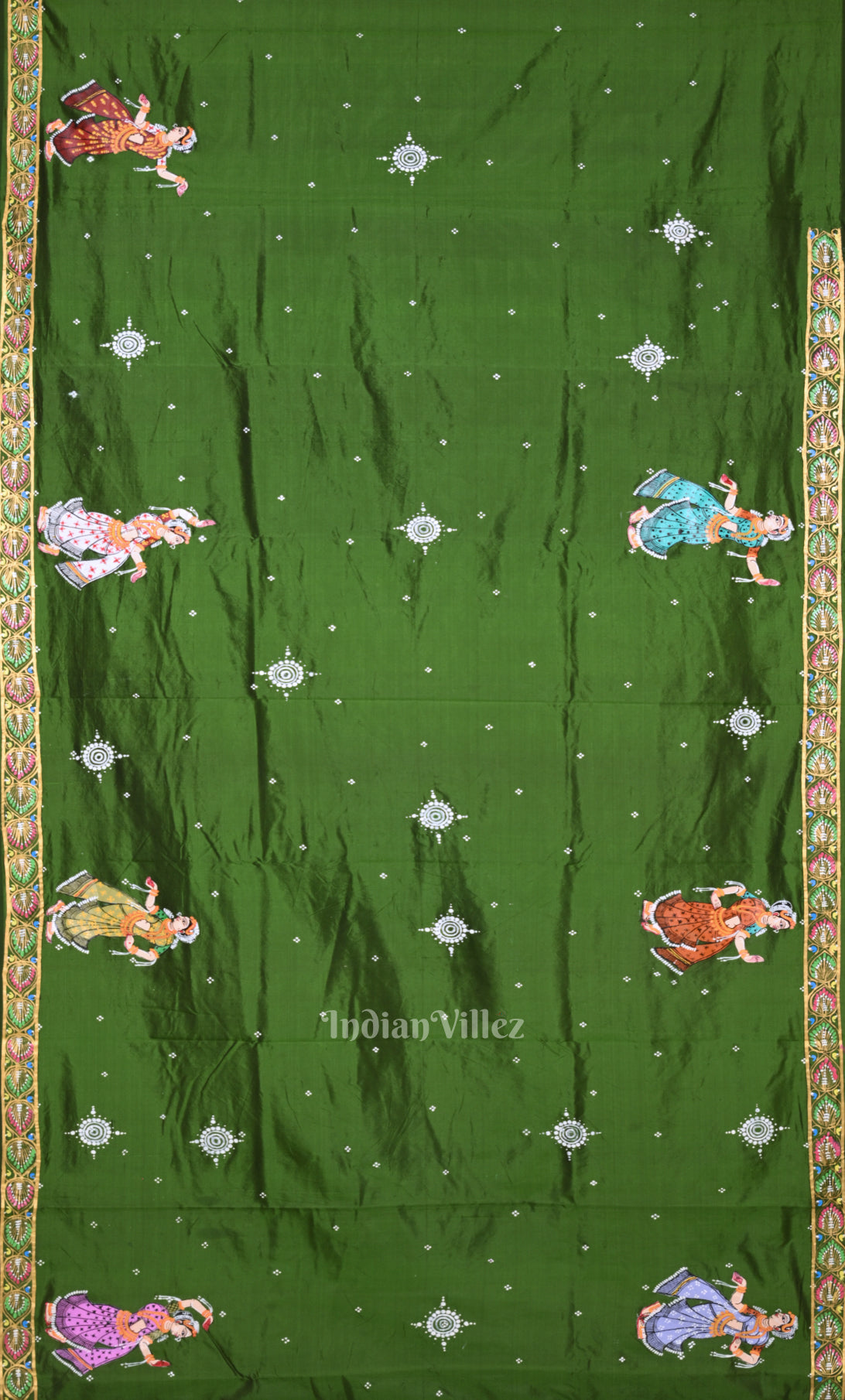 Mehendi Green Cream Krishna Peacock Design Hand-Painted Pattachitra Saree