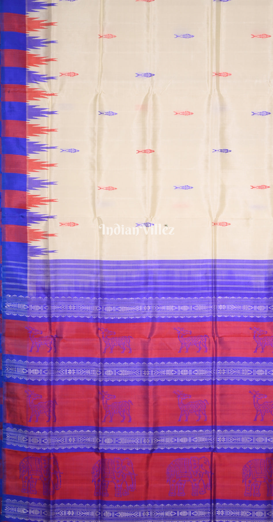 White with Multicolour Fish Motif Double Pallu Berhampuri Silk Saree