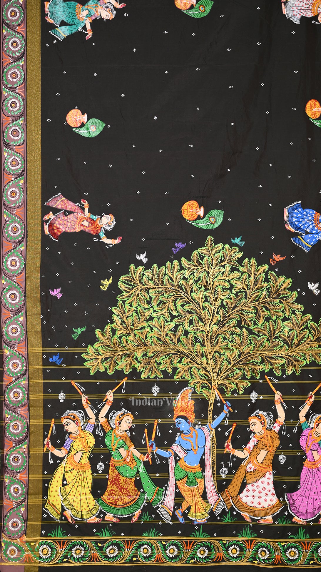 Black  Dual Tone Radha Krishna Hand-Painted Pattachitra Saree