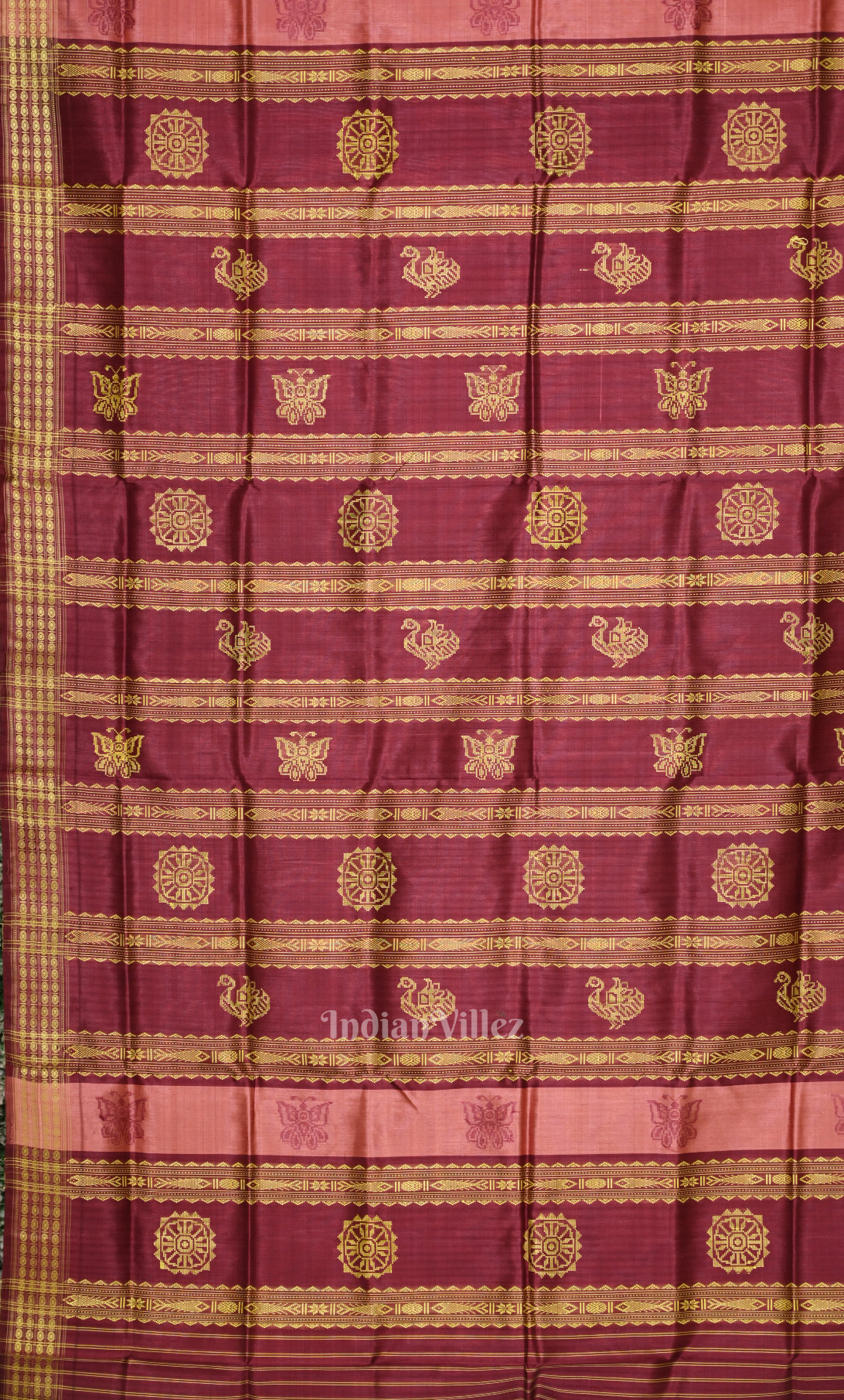 Peach Maroon Double Pallu Berhampuri Silk Saree