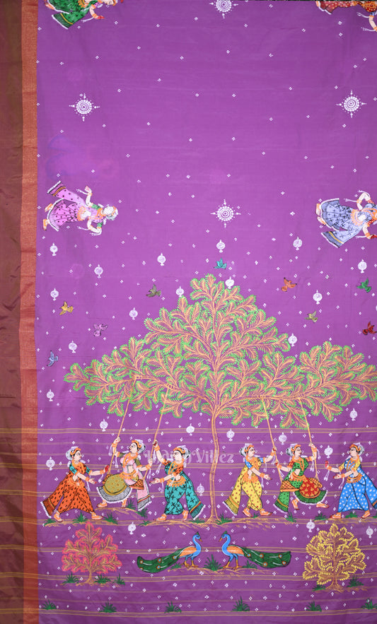 Rani Pink Brown  Raja Theme  Hand-Painted Pattachitra Saree 