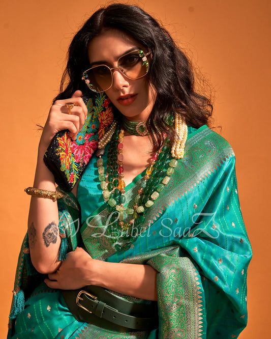 Ocean Blue Handwoven Zari Satin Silk Banarasi Saree