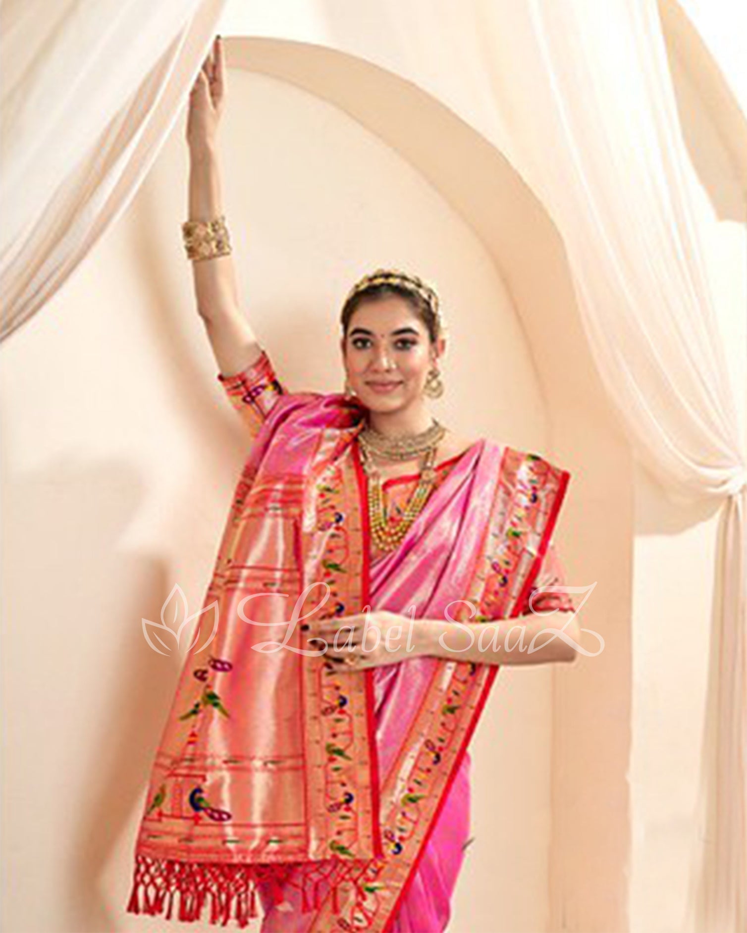Pink Rewa Tissue Handloom Paithani Saree
