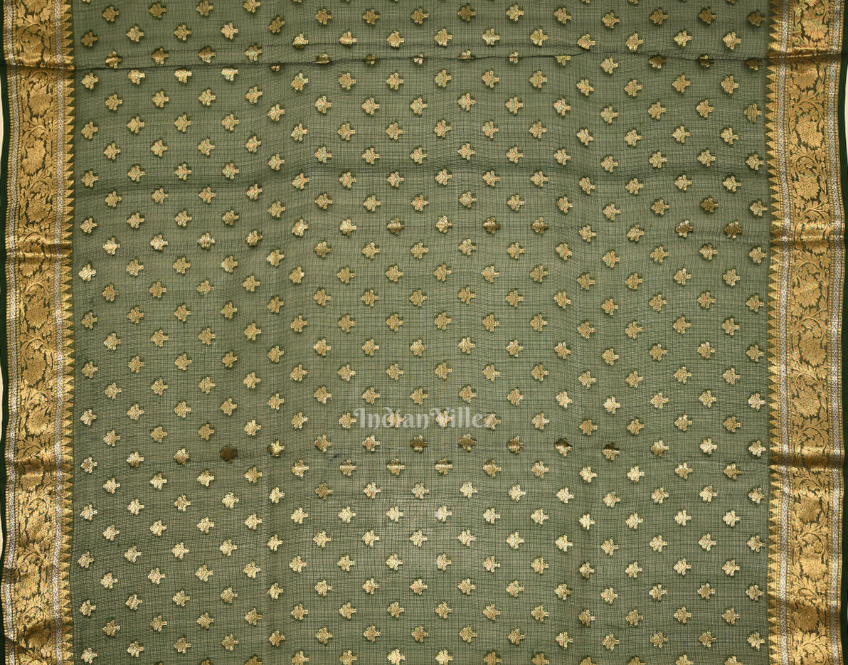 Bottle Green Pure Jamdani Banarasi Kota Saree