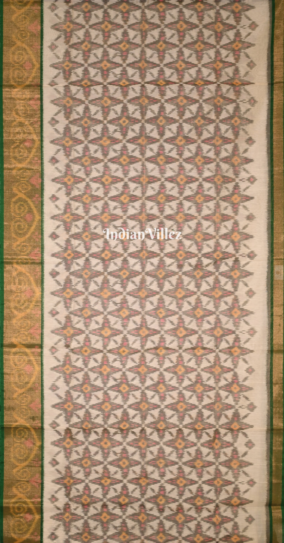Cream Green Pochampally Ikat Silk Cotton (Sico) Saree 
