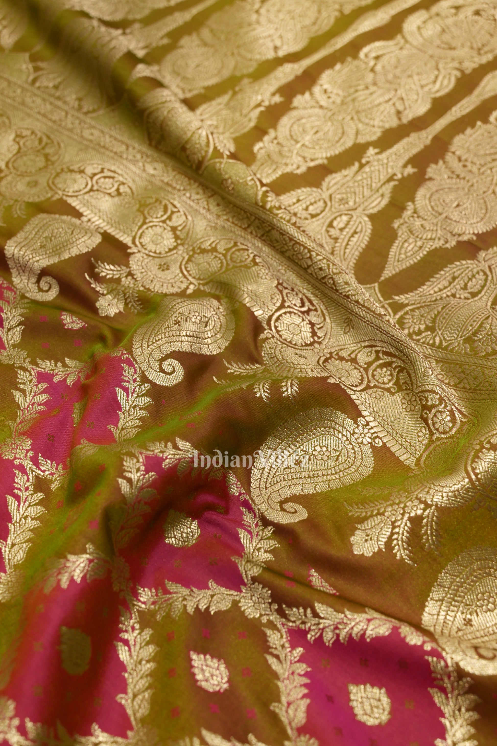 Rani Pink Mehendi Banarasi Mashru Silk Saree