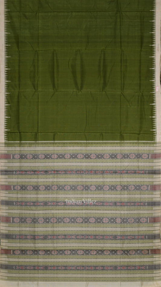 Mehendi Green White Hazar Buti Bomkai Tussar Silk Saree with Sarabandha Anchal 