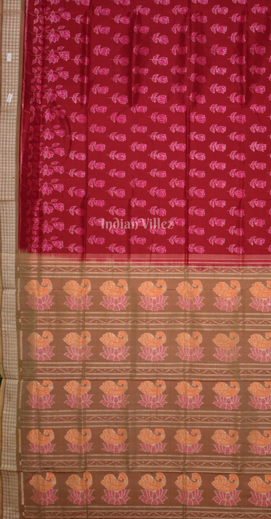 Maroon Beige Rose Motif Sambalpuri Silk Saree with Sankha Padma Pallu