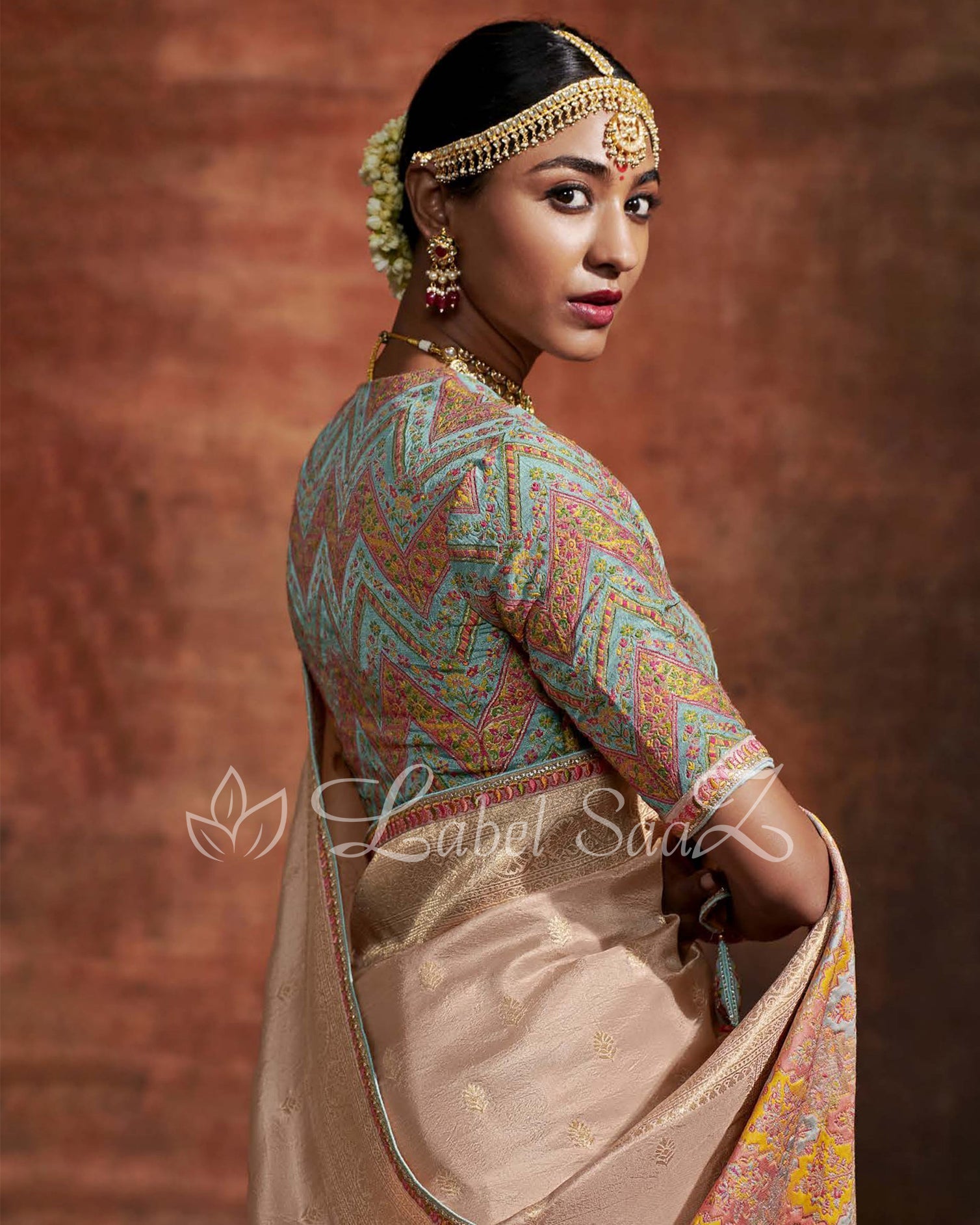 Peach Sky Blue Designer Meenakri Banarasi with Kashmiri Embroidery and Heavy Blouse