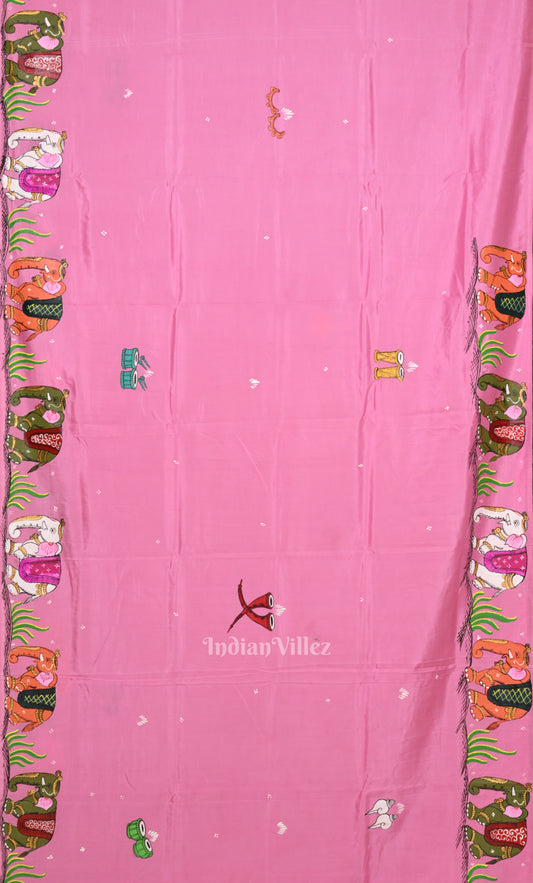 Pink Doli Barat Theme Hand-Painted Pattachitra Saree