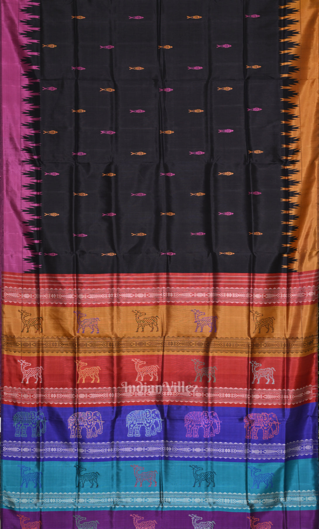 Black Fish Motif Double Pallu Berhampuri Silk Saree 