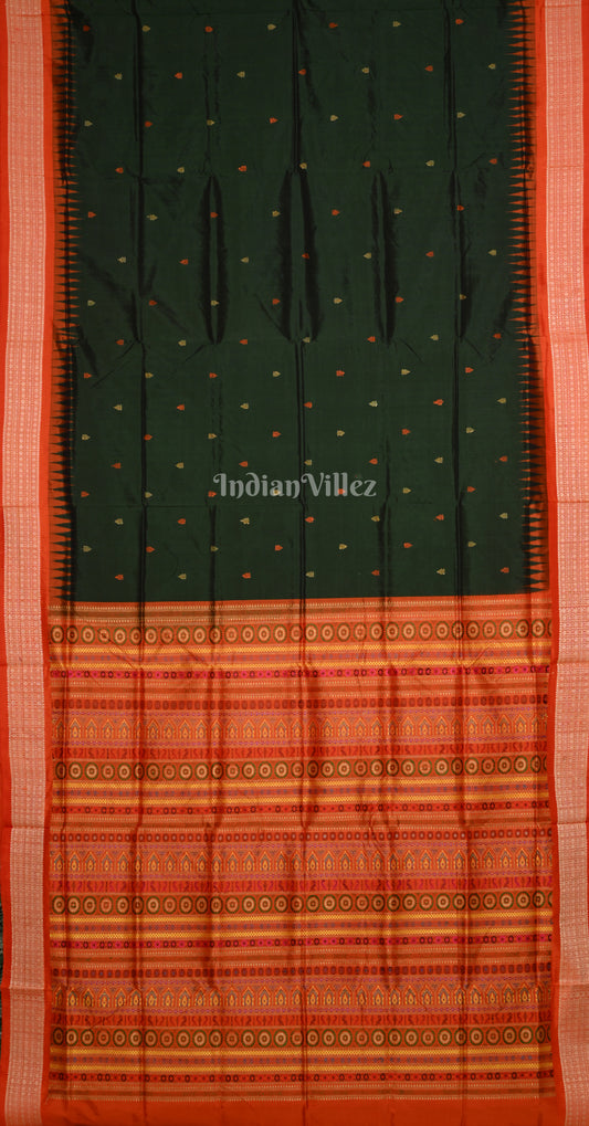 Bottle Green Red Temple Motif Bomkai Sambalpuri Silk Saree with Dolabedi Pallu
