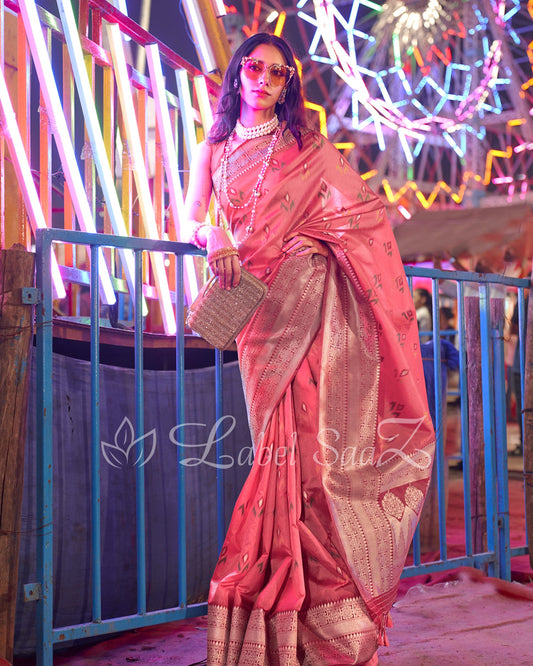 Peach Ikat Saree with Zari Border Tussar Silk