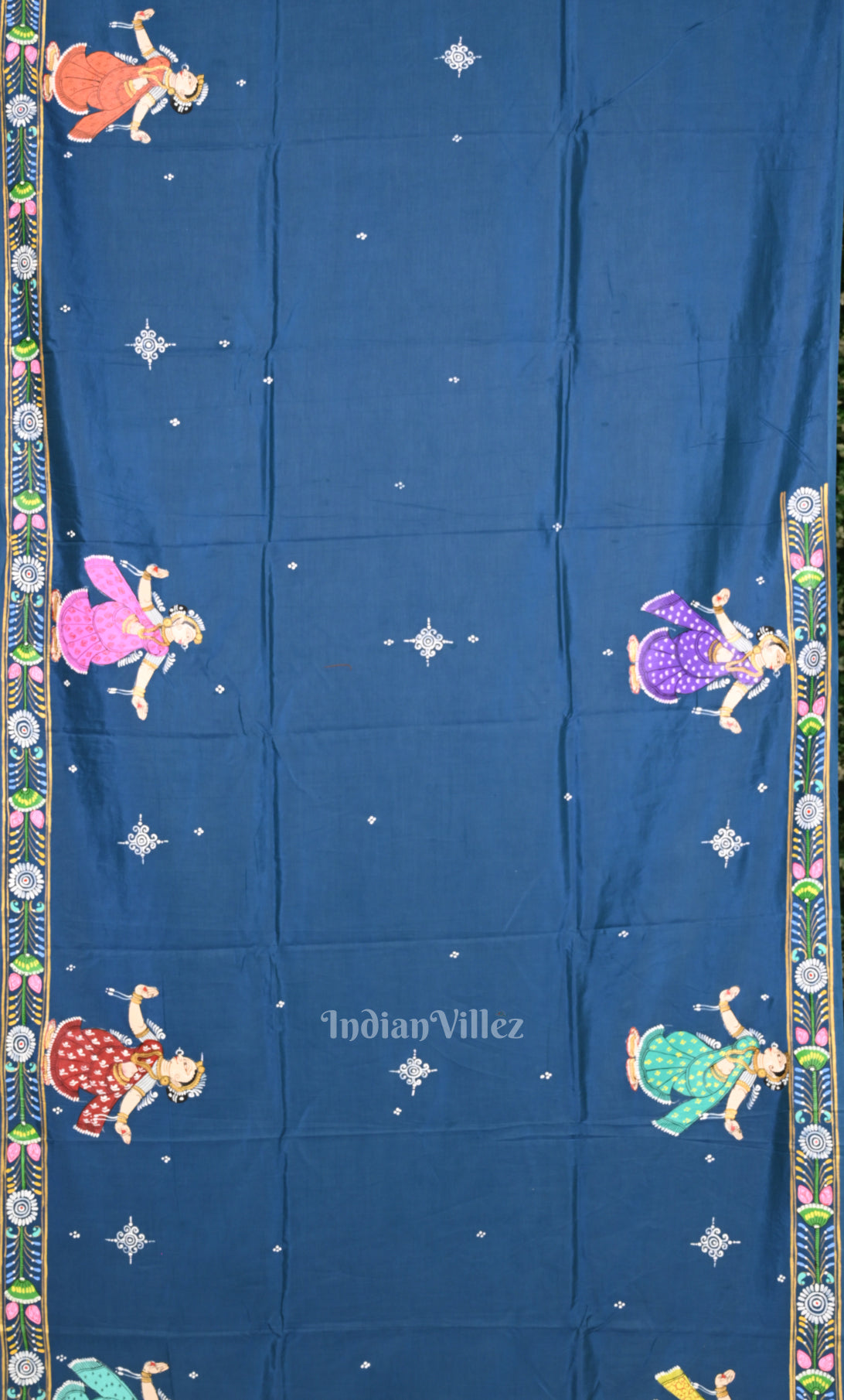 Blue Nartaki  Theme Hand-Painted Pattachitra Saree 