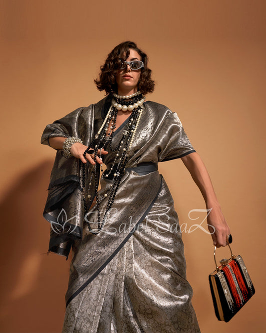 Black Silver Kanjivaram Zari Silk Saree