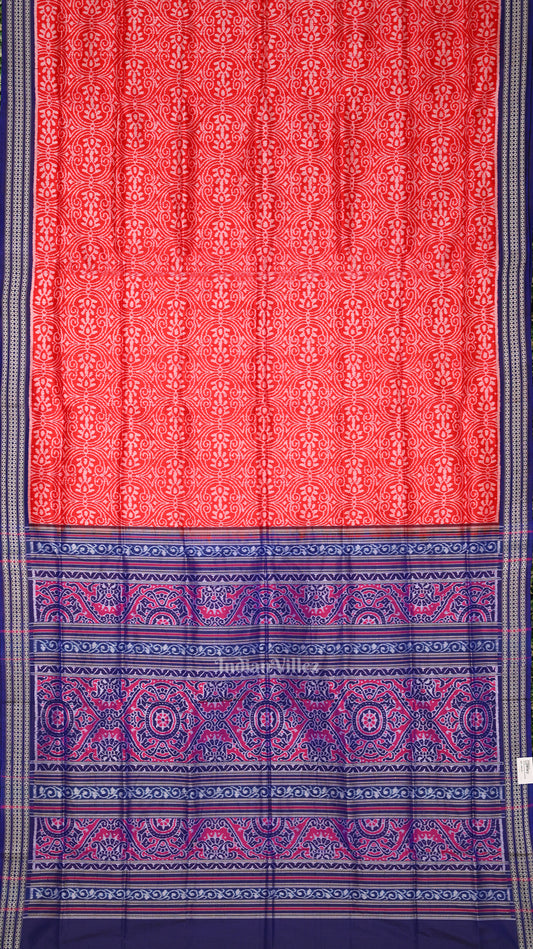 Red Blue Floral Motif Sambalpuri Silk Saree