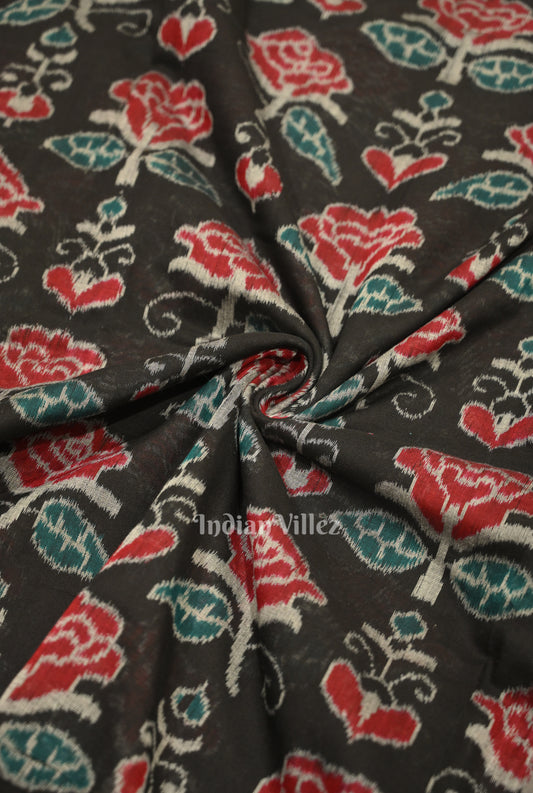 Black Rose Flower Motif Sambalpuri Ikat Cotton Fabric