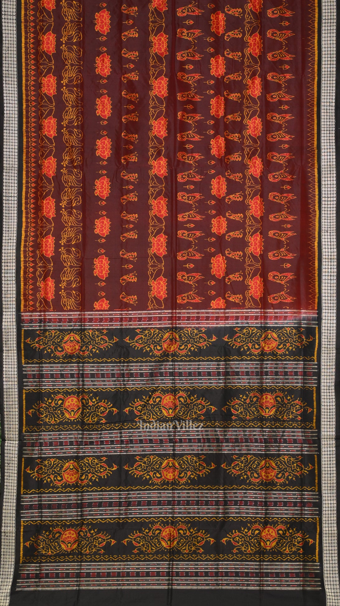 Maroon Lotus Theme Odisha Handloom Sambalpuri Silk Saree 