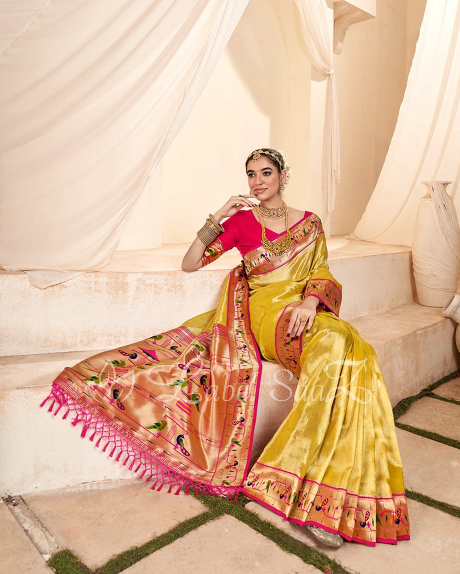 Gold Rewa Tissue Handloom Paithani Saree