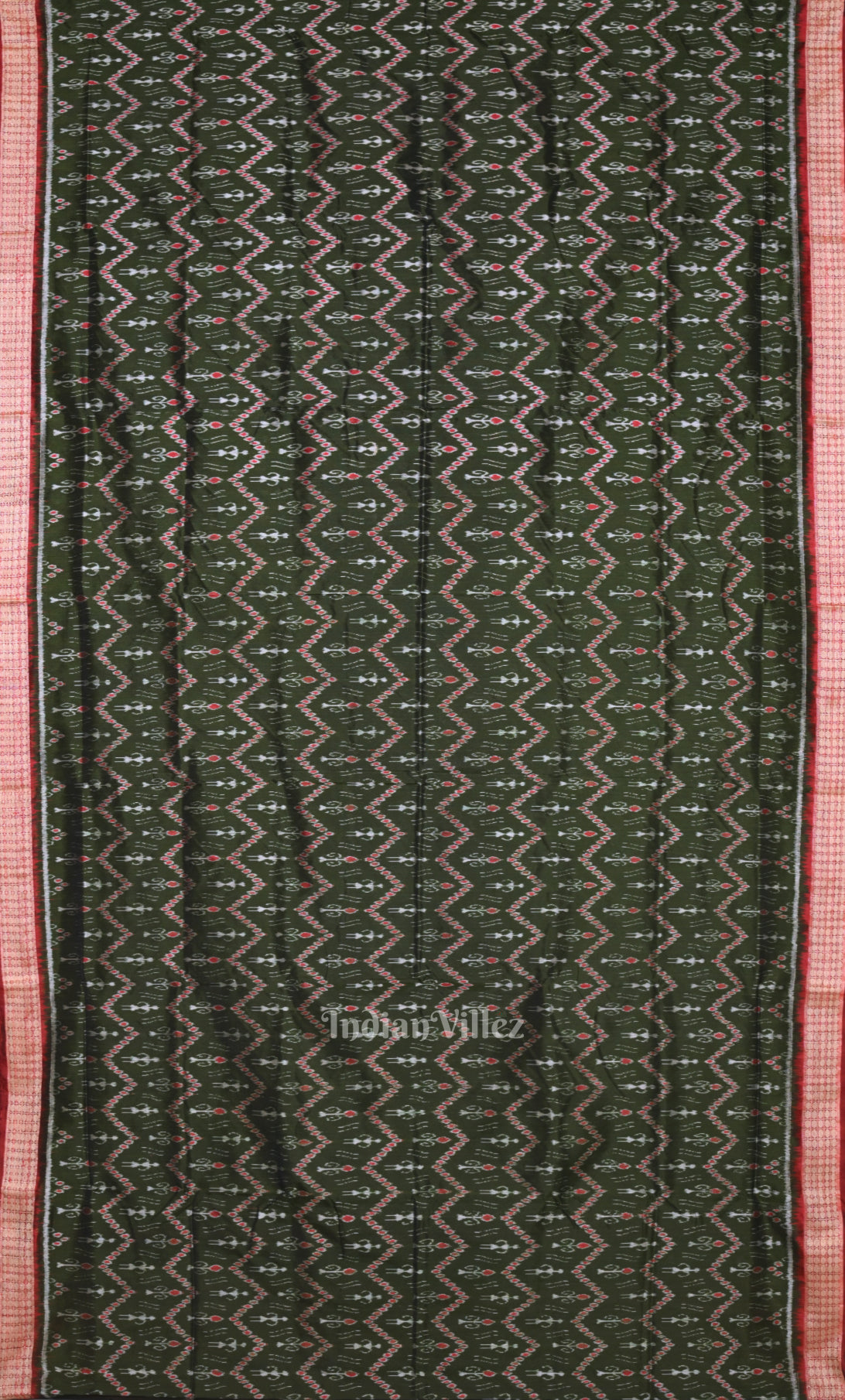 Olive Green Red Tribal Theme Odisha Ikat Sambalpuri Silk Saree 