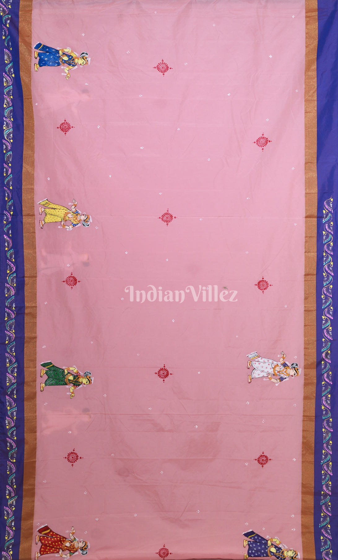 Peach Pink Blue Krishna Rasa Leela Hand-Painted Pattachitra Saree 