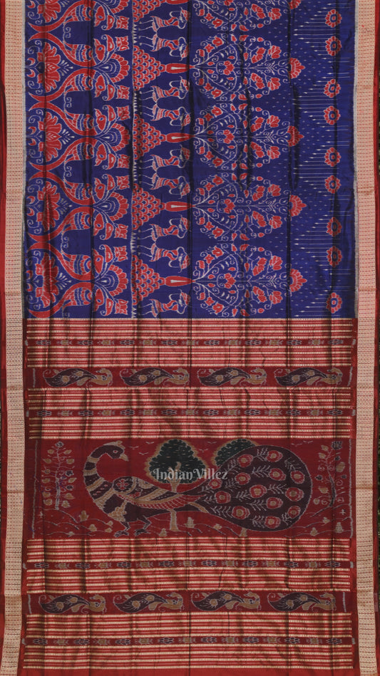 Blue Floral Motif Odisha Ikat Sambalpuri Silk Saree 
