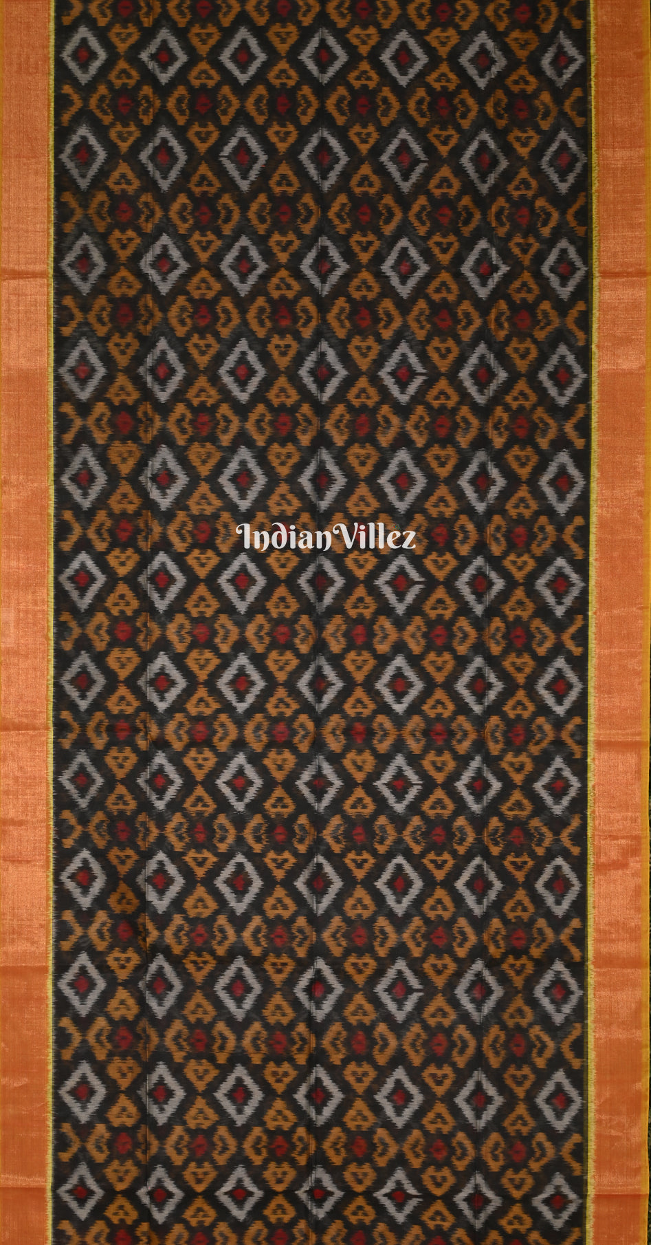 Black Rust Orange Pochampally Ikat Silk Cotton (Sico) Saree 