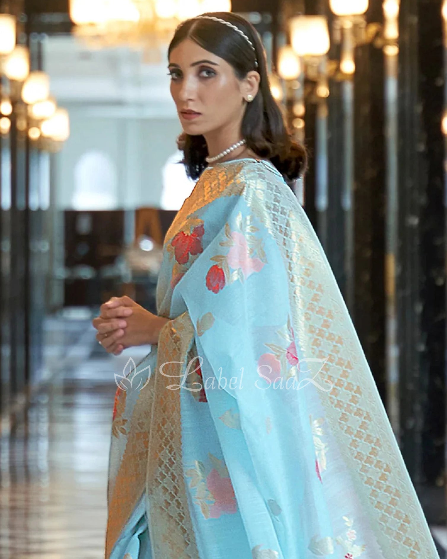 Sky Blue Floral Handwoven Linen Saree