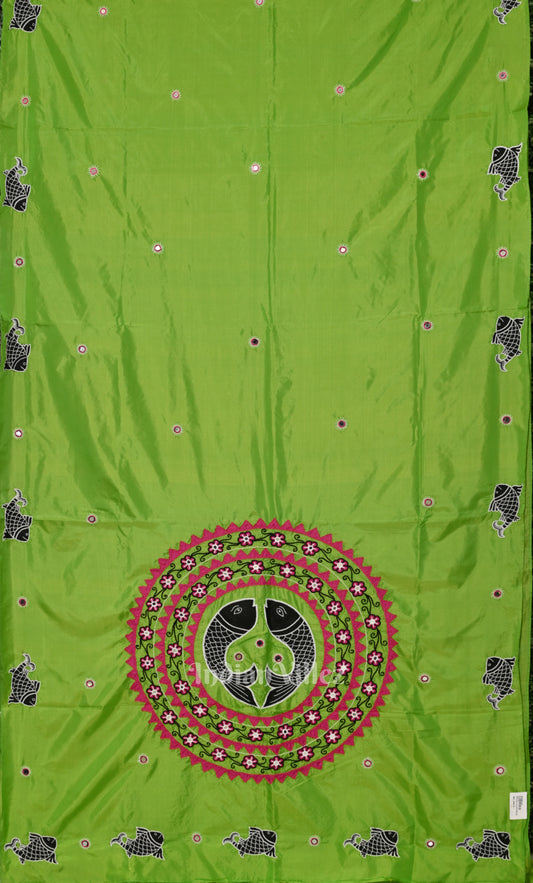 Parrot Green Applique  Work Handwoven saree 