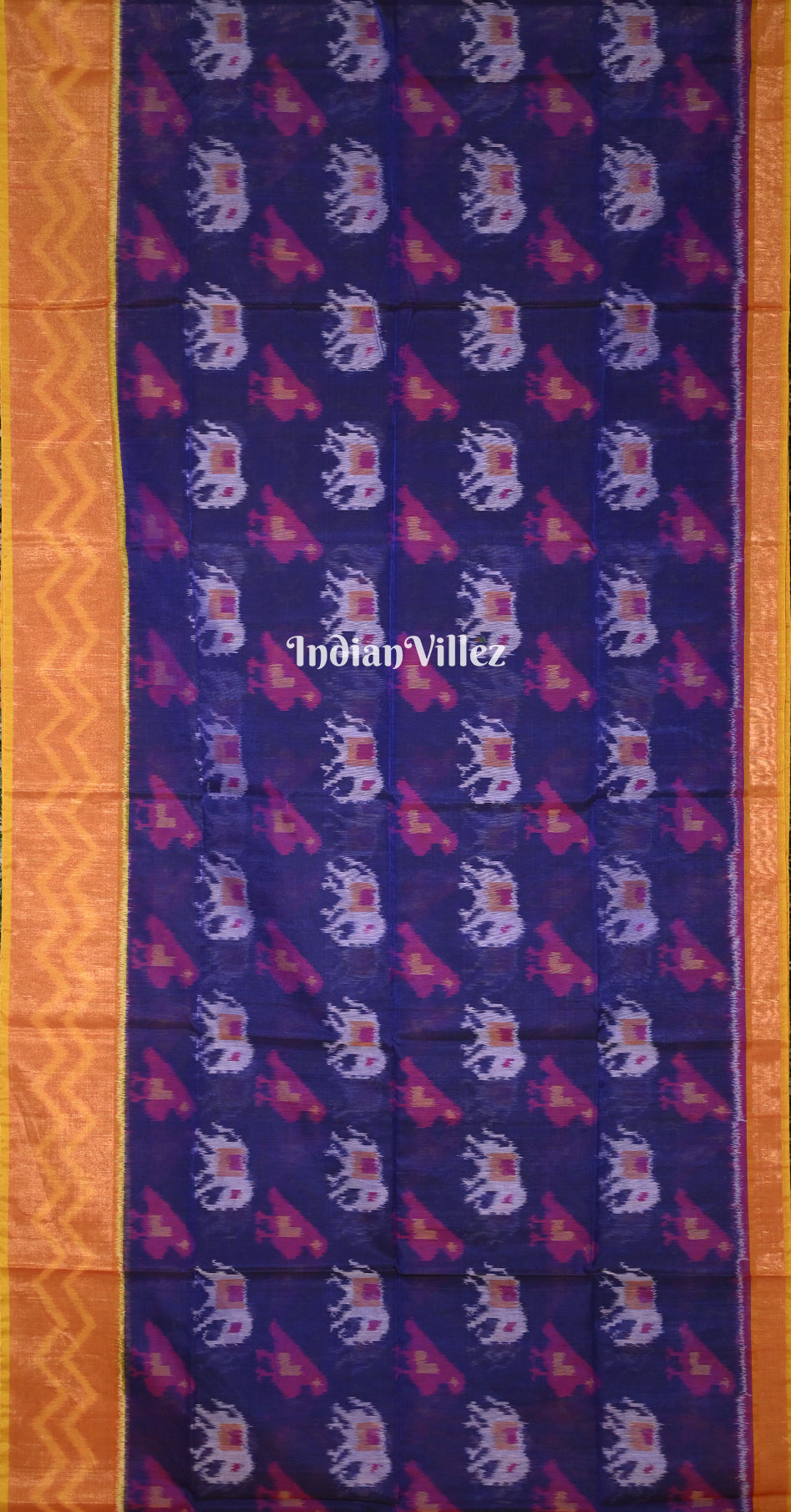 Blue Rust Orange Pochampally Ikat Silk Cotton (Sico) Saree