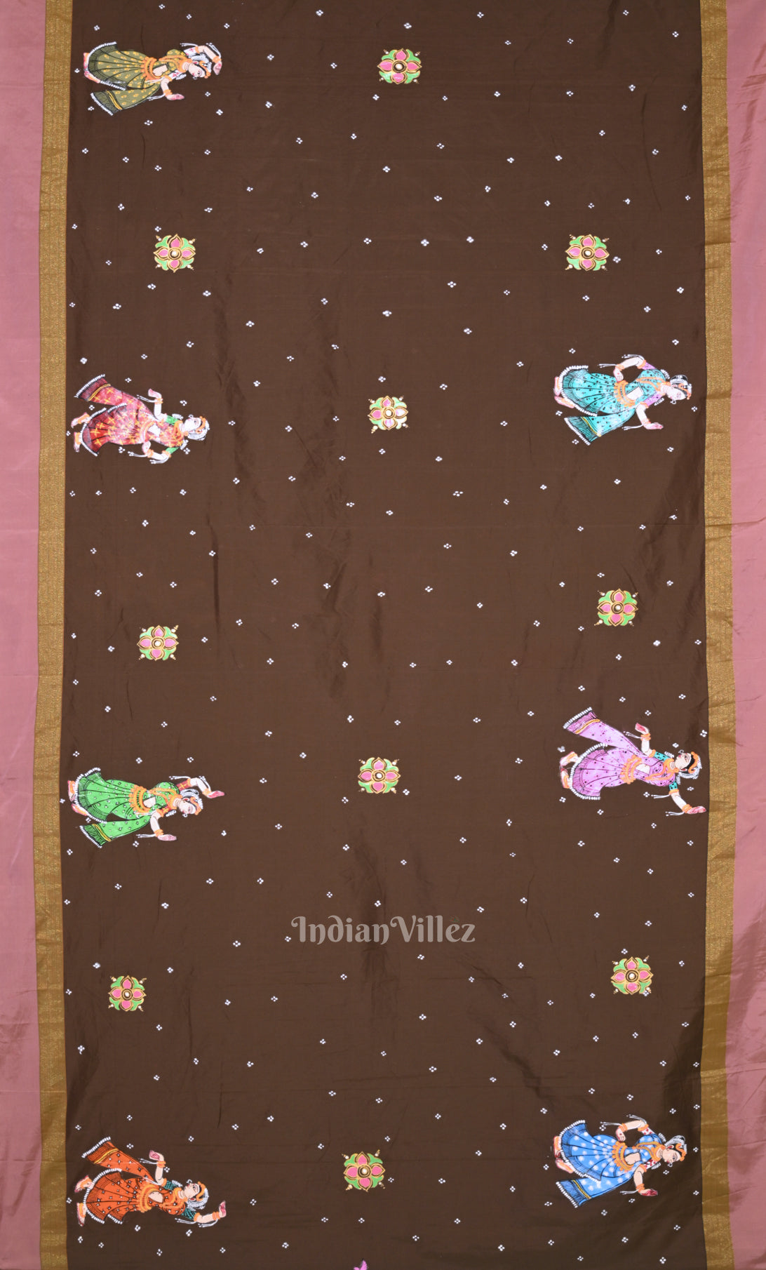 Coffee Brown Radha Krishna Raas Leela Hand-Painted Pattachitra Saree