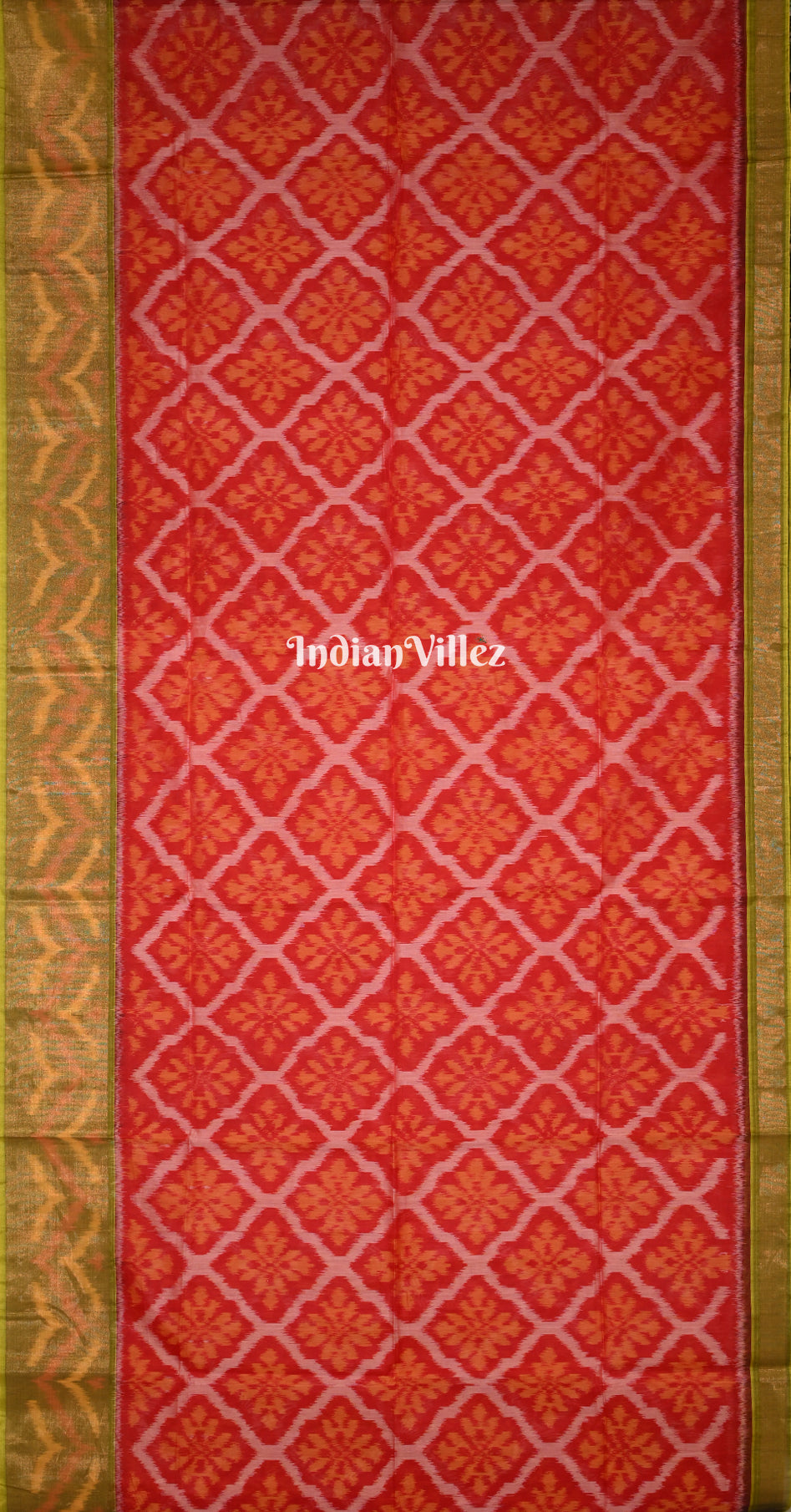 Brick Red Olive Green Pochampally Ikat Silk Cotton (Sico) Saree 