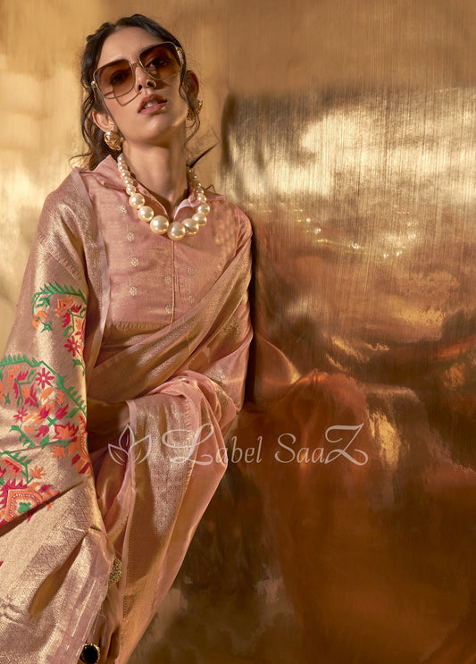 Melon Peach Kora Tissue Handloom Saree With Paithani Pallu