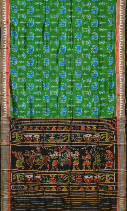 Green Black  Tribal Theme Odisha Ikat Khandua Silk Saree 

