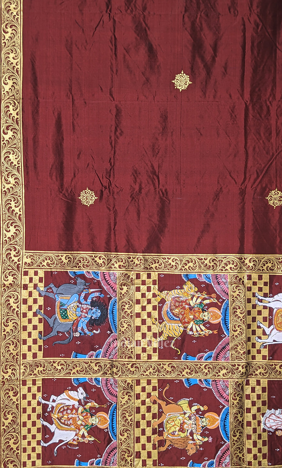 Maroon Navaratri Durga Puja Theme Hand-Painted Pattachitra Saree
