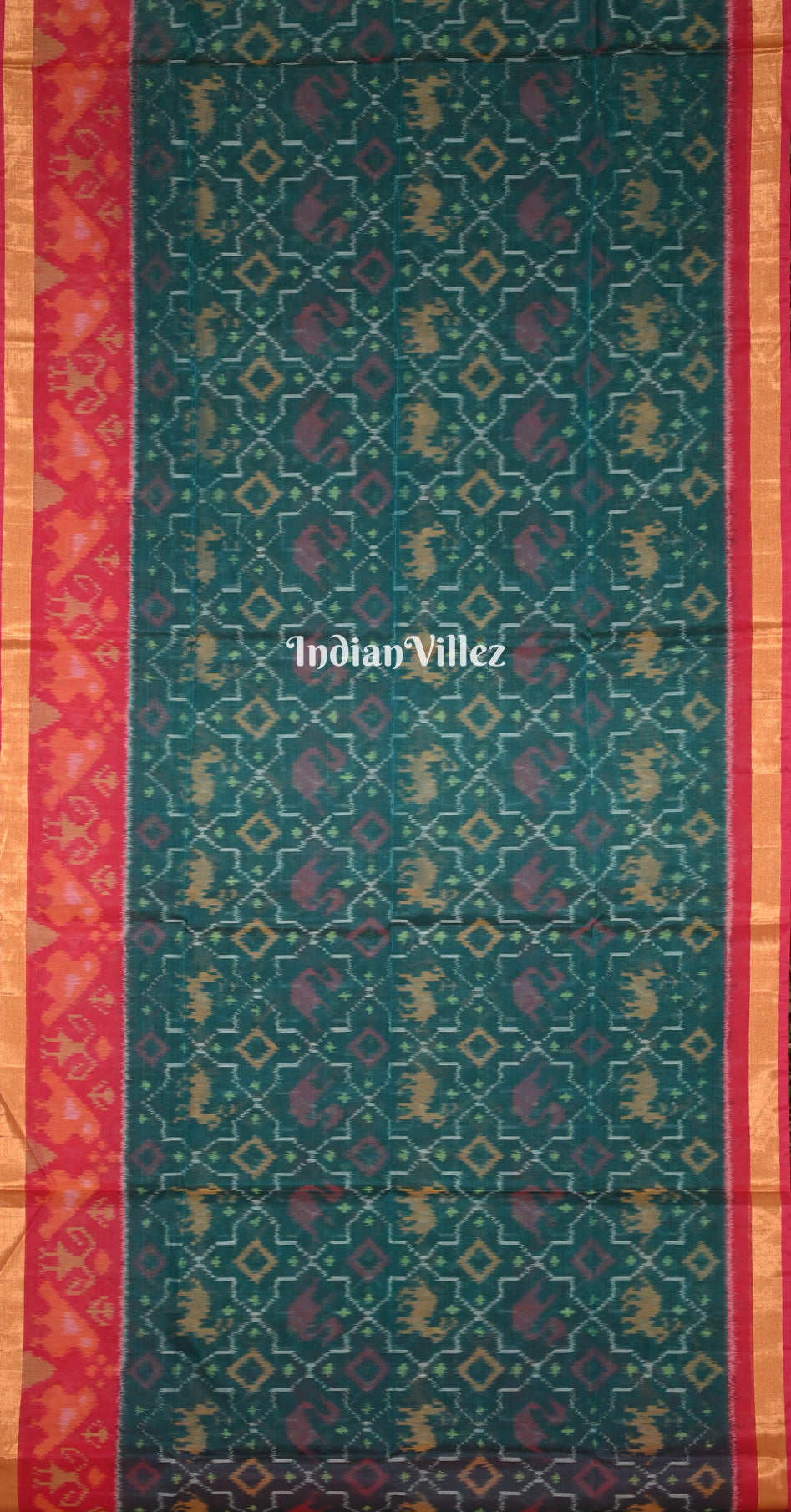 Teal Green Pink Pochampally Ikat Silk Cotton (Sico) Saree 