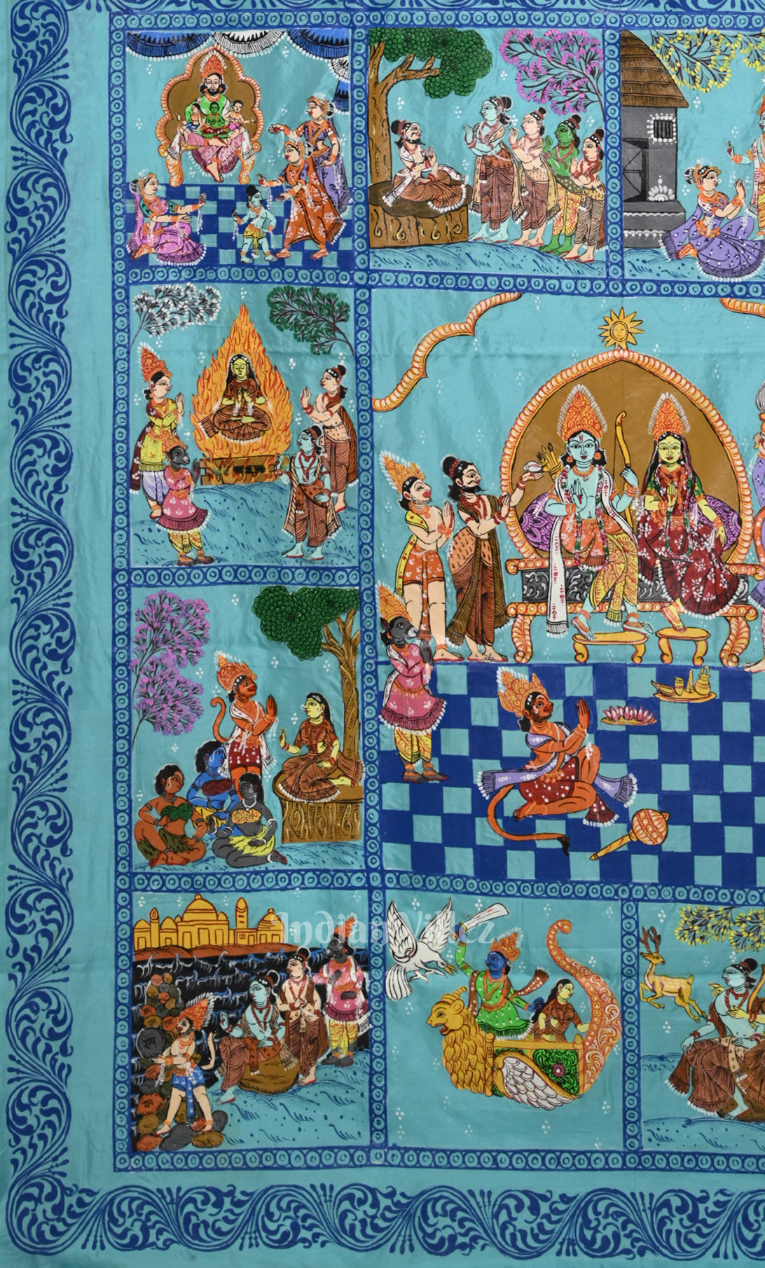 Sky Blue Ramayan Theme Hand-Painted Pattachitra Saree 